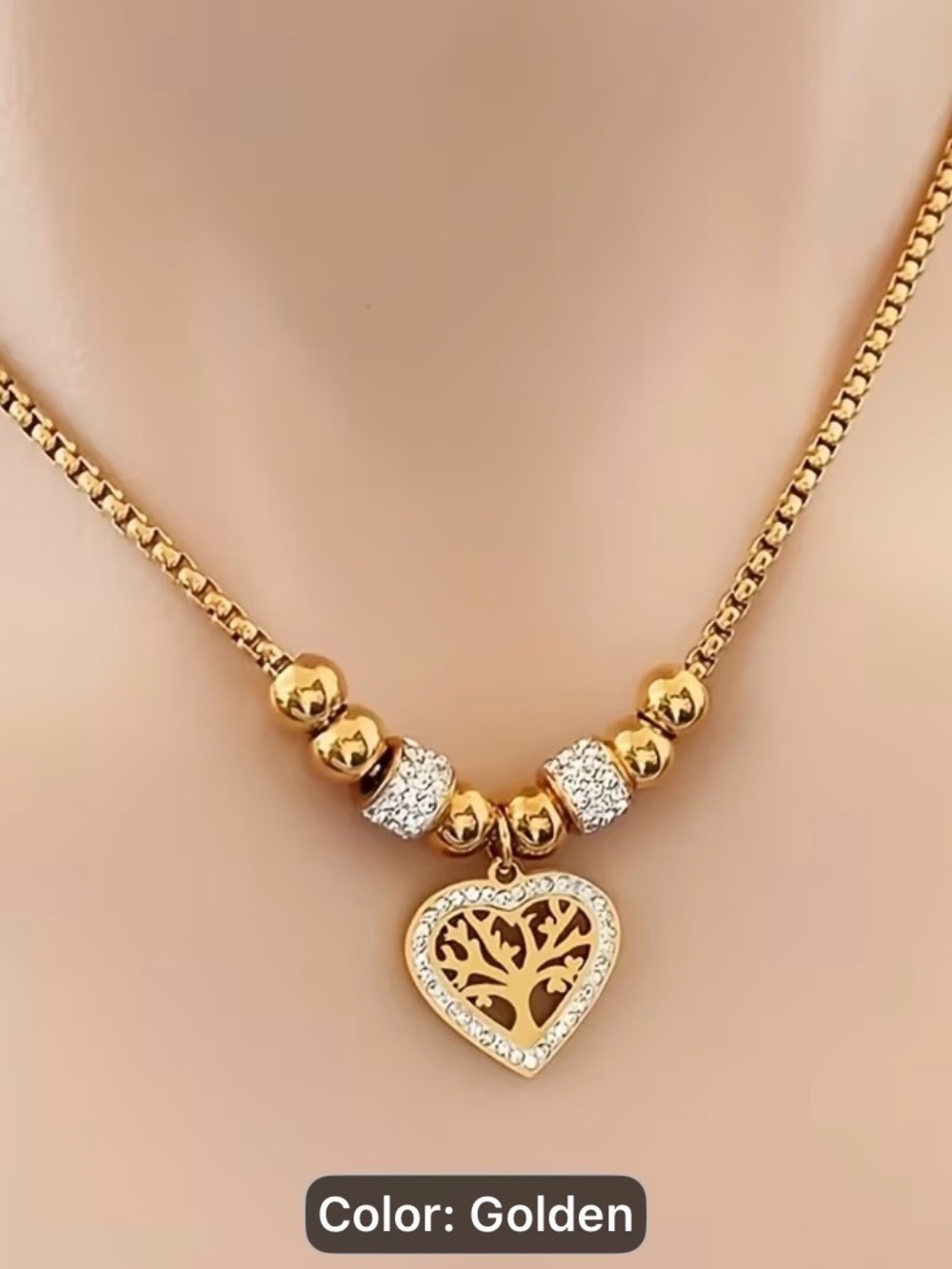 1PC Stainless Steel Gold Plated Heart Tree Pendant Necklace - Women Jewelry